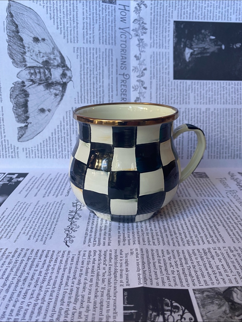 MacKenzie-Childs Black and Cream Checkered Mug with Gold Rim